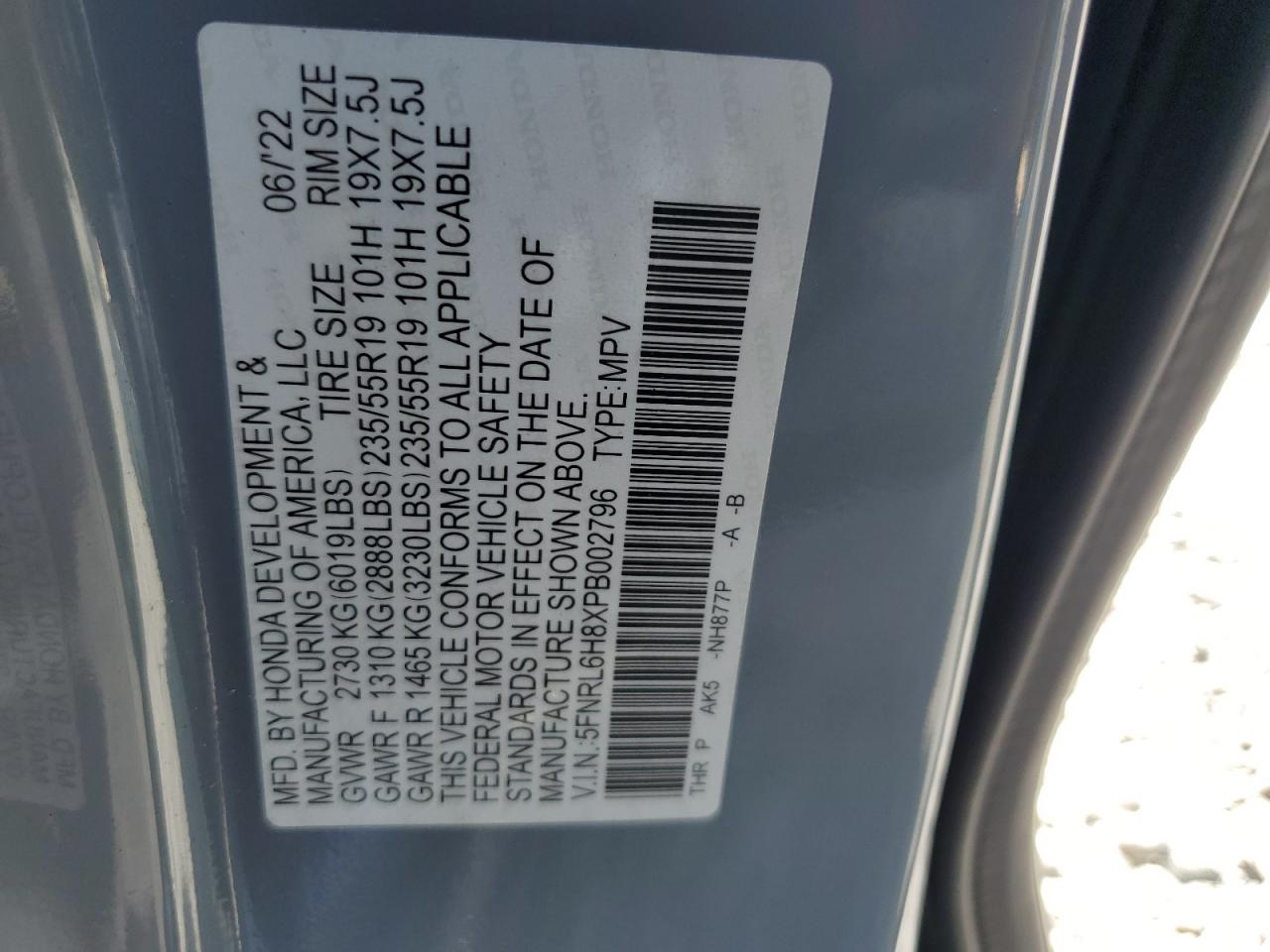 2023 HONDA ODYSSEY TOURING VIN:5FNRL6H8XPB002796