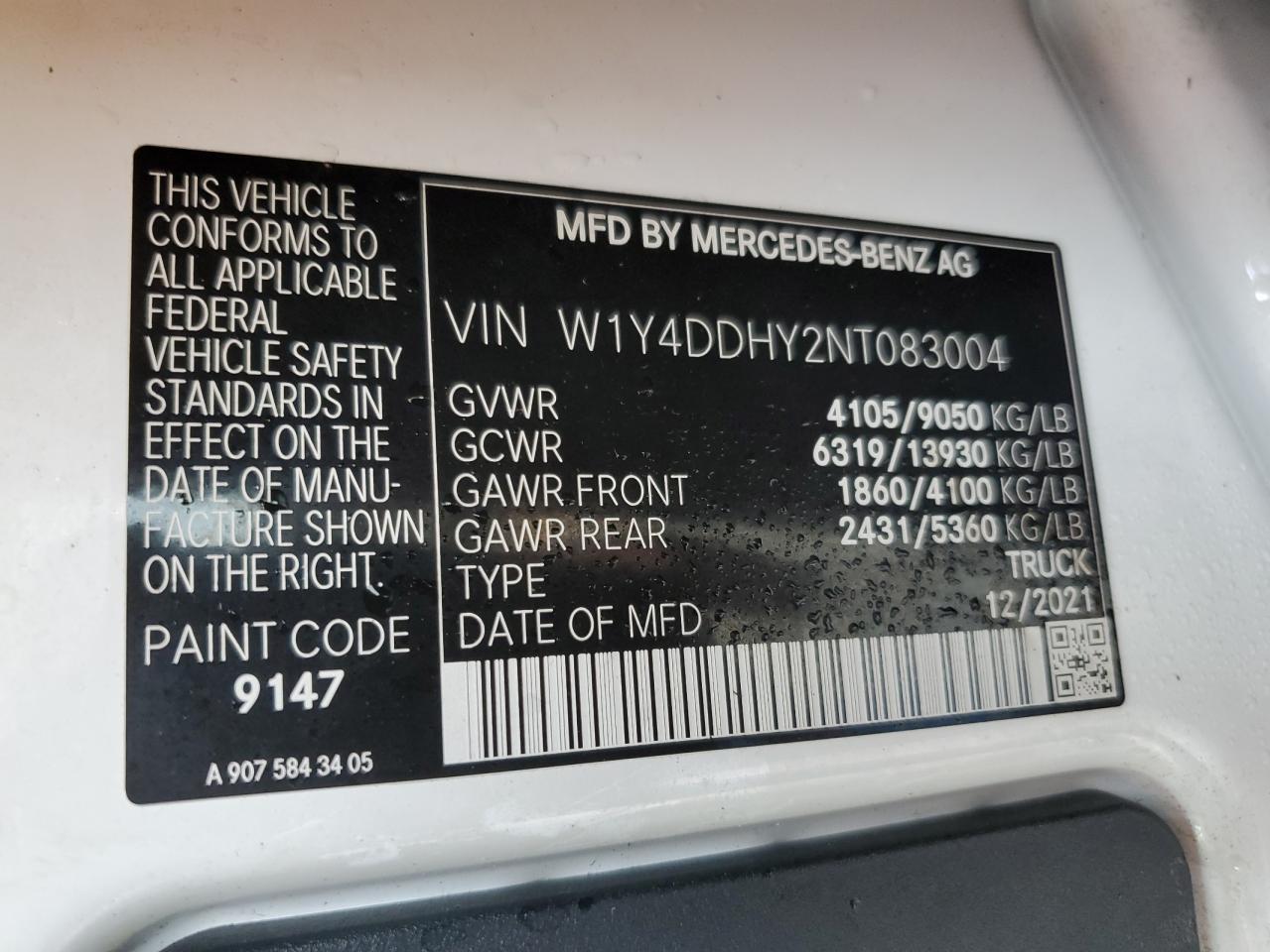 2022 MERCEDES-BENZ SPRINTER 2500 VIN:W1Y4DDHY2NT083004