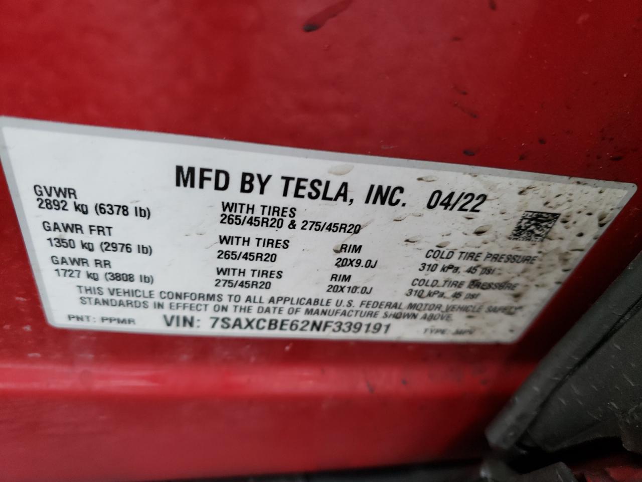 2022 TESLA MODEL X VIN:7SAXCBE62NF339191