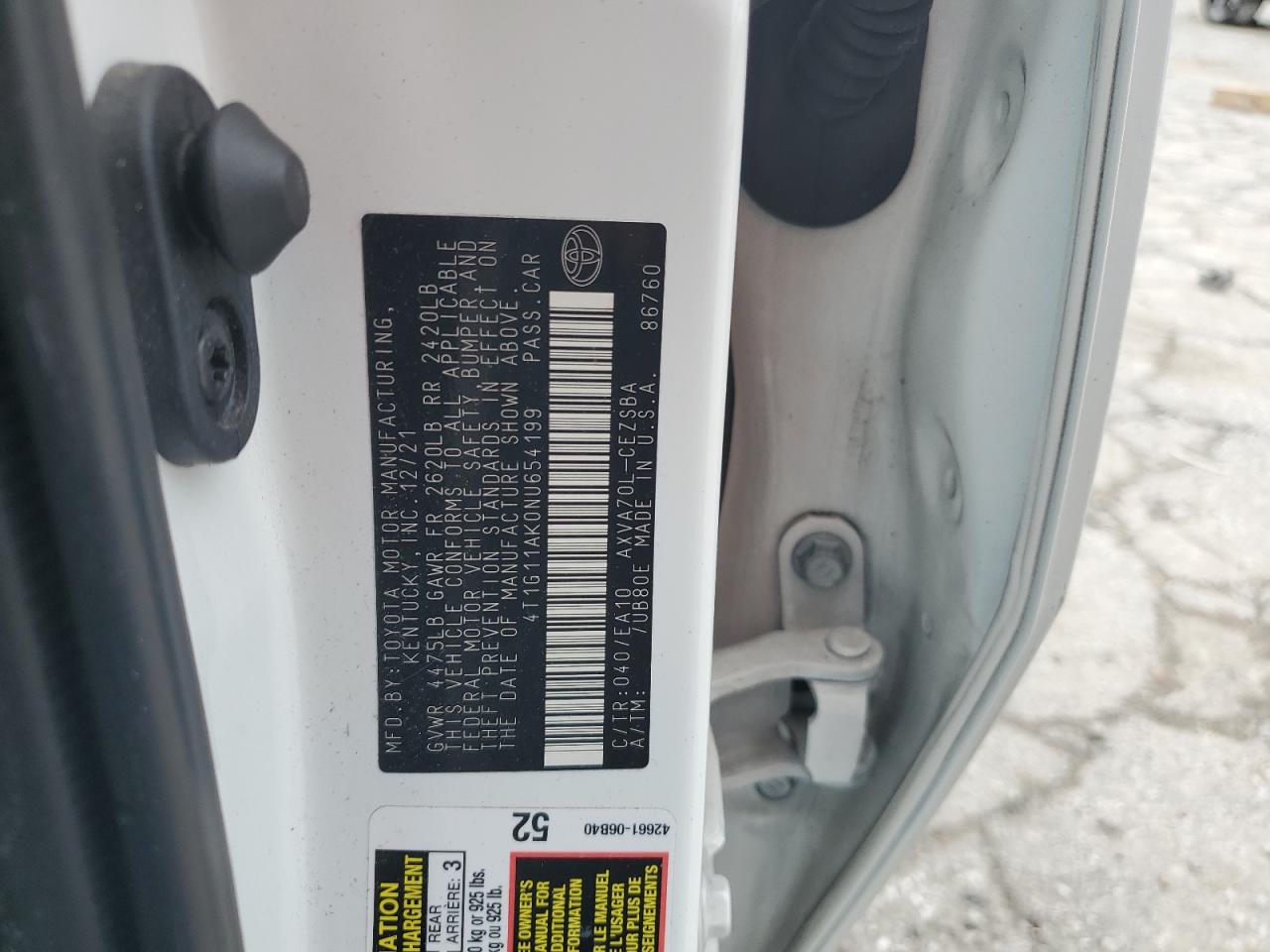 2022 TOYOTA CAMRY SE VIN:4T1G11AK0NU654199