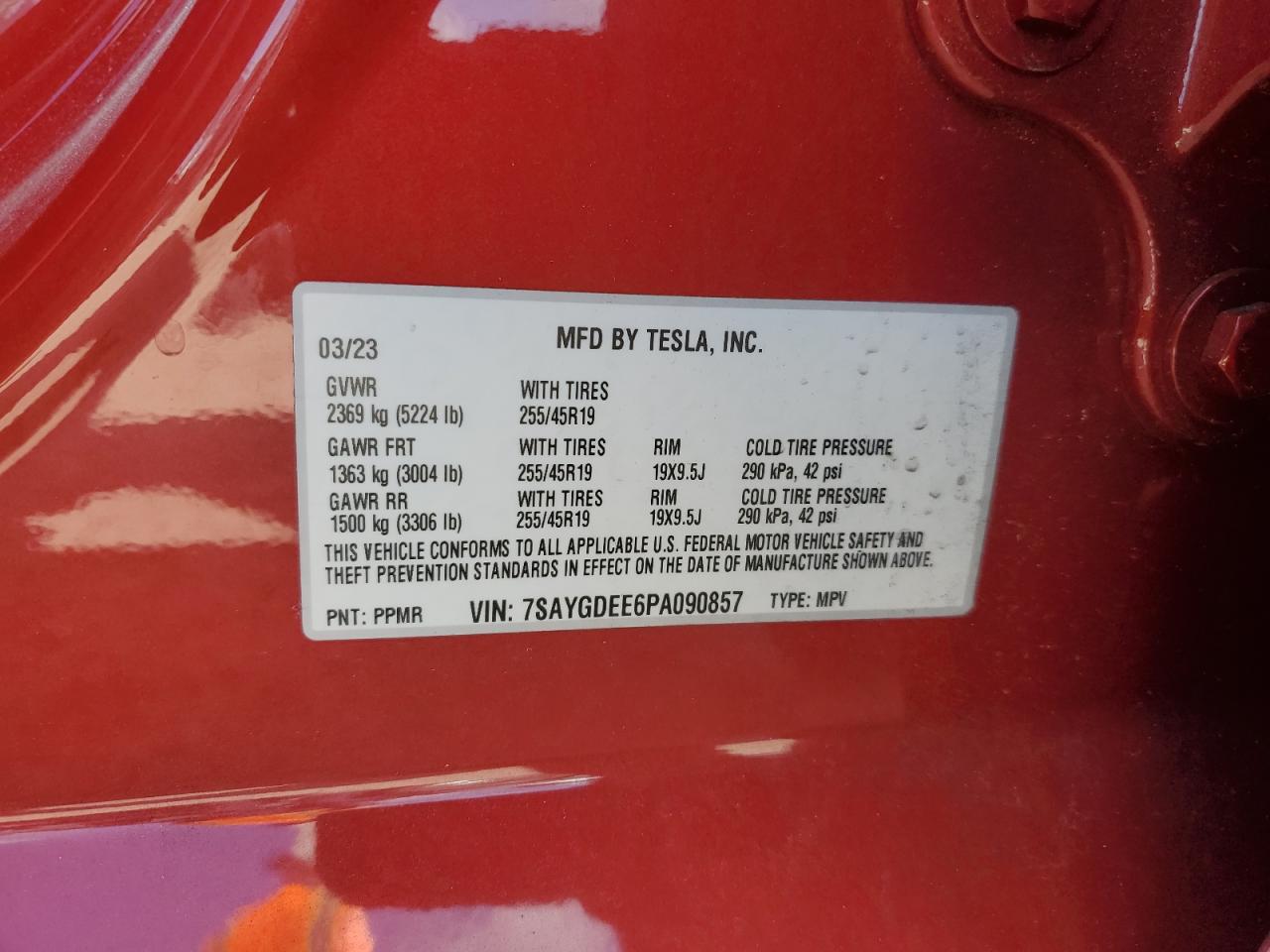 2023 TESLA MODEL Y VIN:7SAYGDEE6PA090857