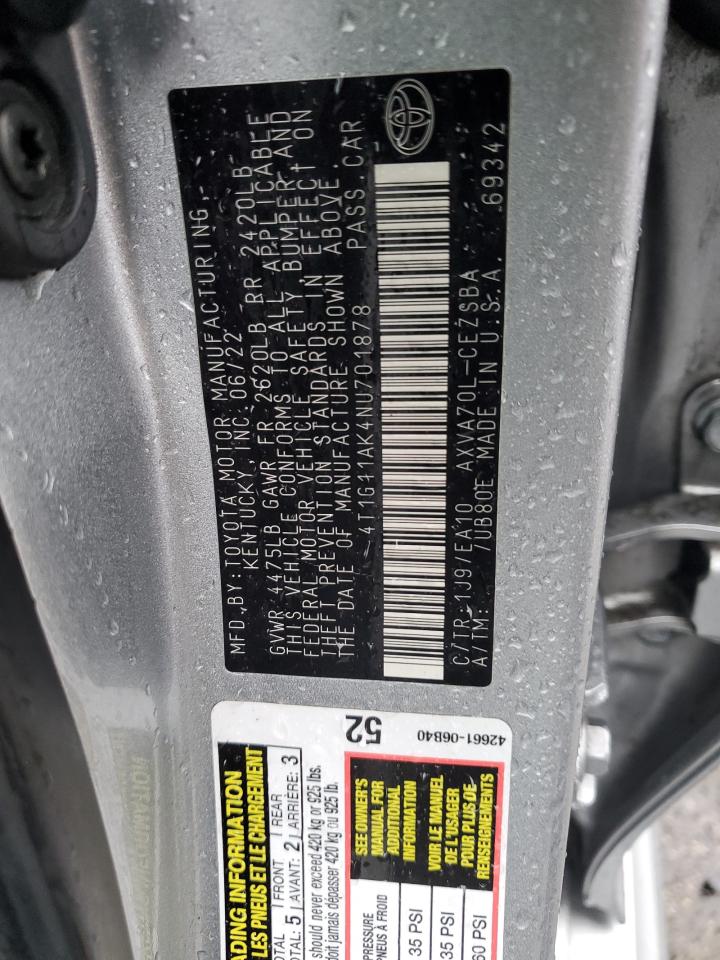 2022 TOYOTA CAMRY SE VIN:4T1G11AK4NU701878