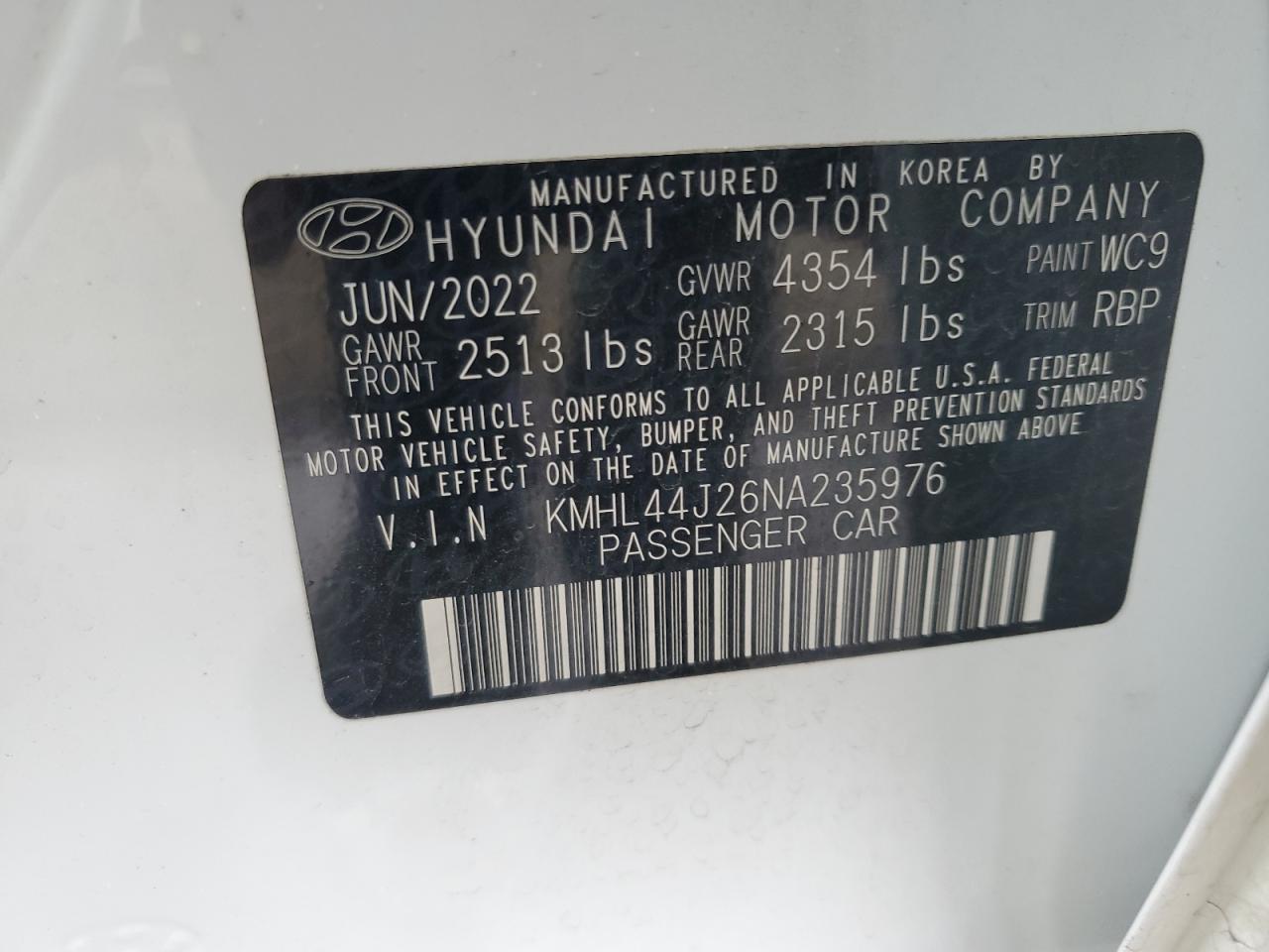 2022 HYUNDAI SONATA SEL PLUS VIN:KMHL44J26NA235976