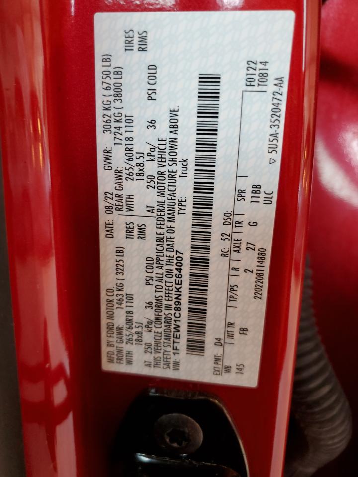2022 FORD F150 SUPERCREW VIN:1FTEW1C89NKE64007