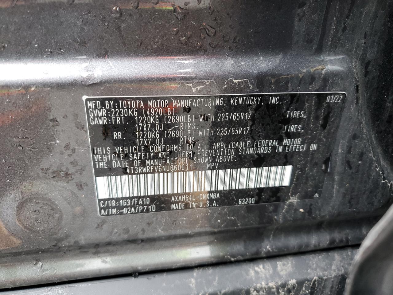 2022 TOYOTA RAV4 XLE VIN:4T3RWRFV6NU060011