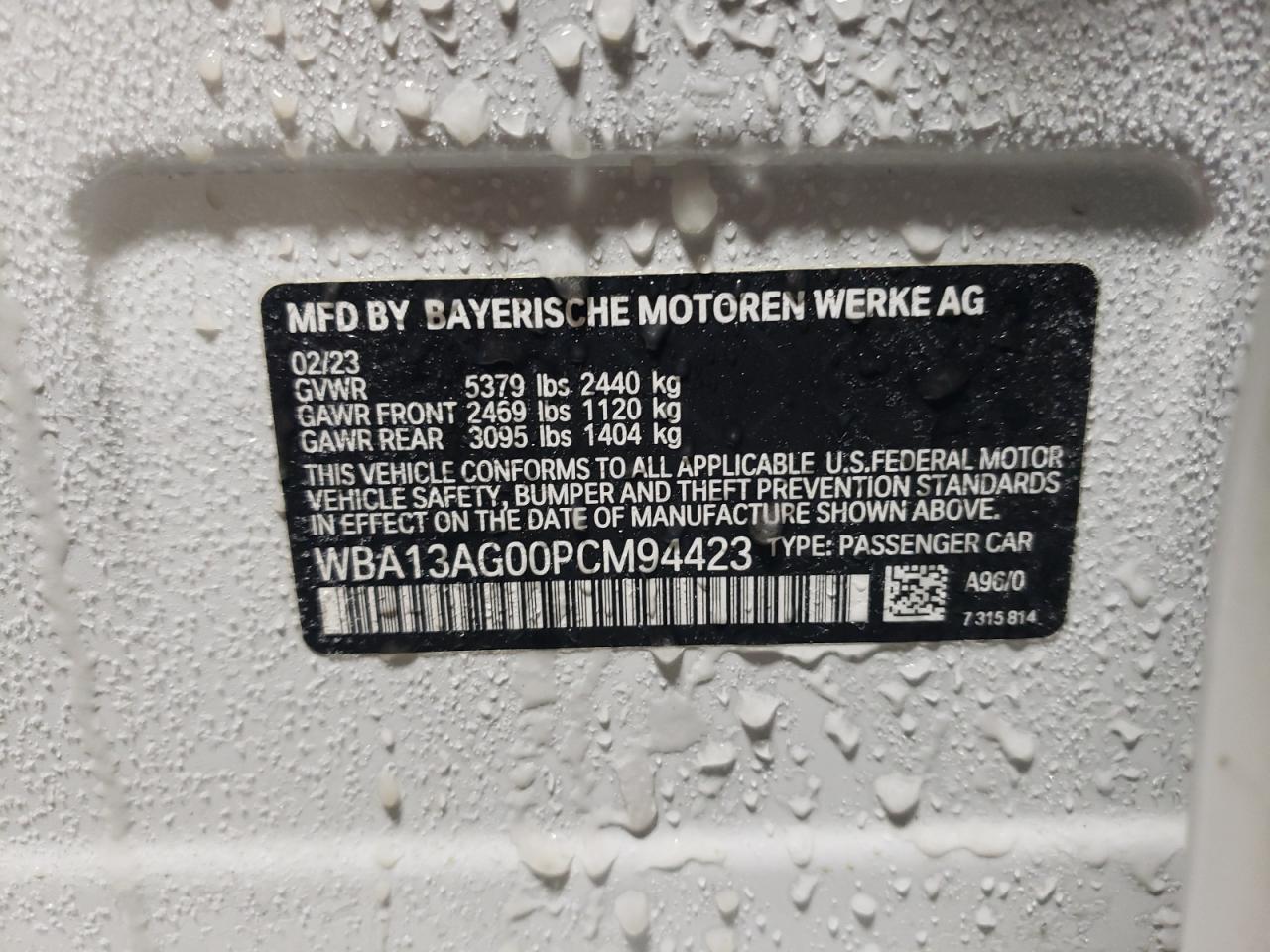 2023 BMW 530E VIN:WBA13AG00PCM94423