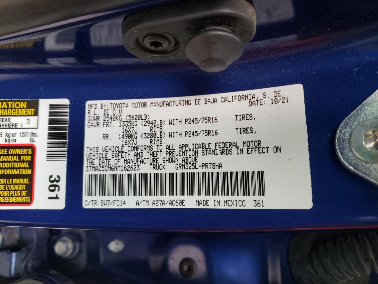 2022 TOYOTA TACOMA DOUBLE CAB VIN:3TMAZ5CN6NM162623