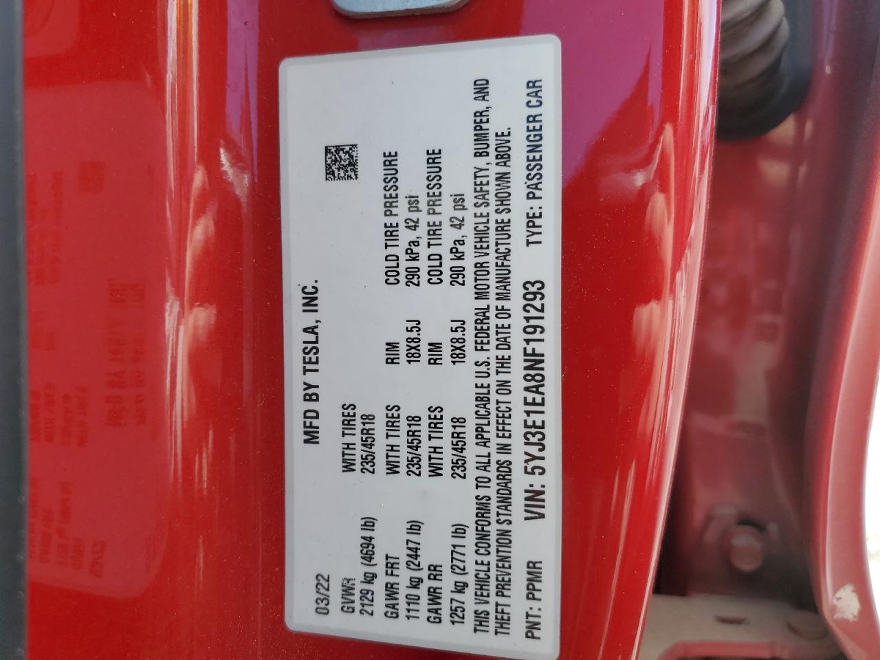 2022 TESLA MODEL 3 VIN:5YJ3E1EA8NF191293