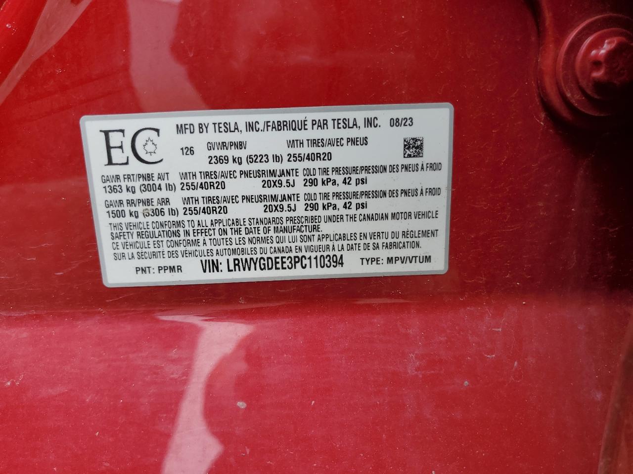 2023 TESLA MODEL Y VIN:LRWYGDEE3PC110394