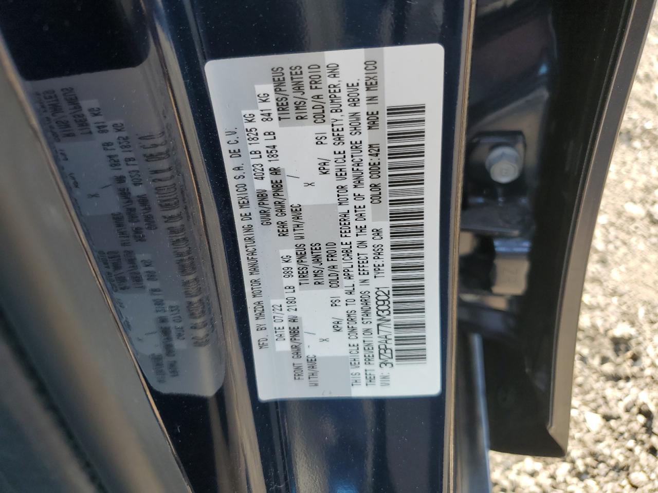 2022 MAZDA 3 VIN:3MZBPAA77NM309021