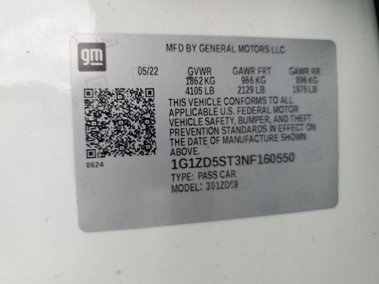 2022 CHEVROLET MALIBU LT VIN:1G1ZD5ST3NF160550