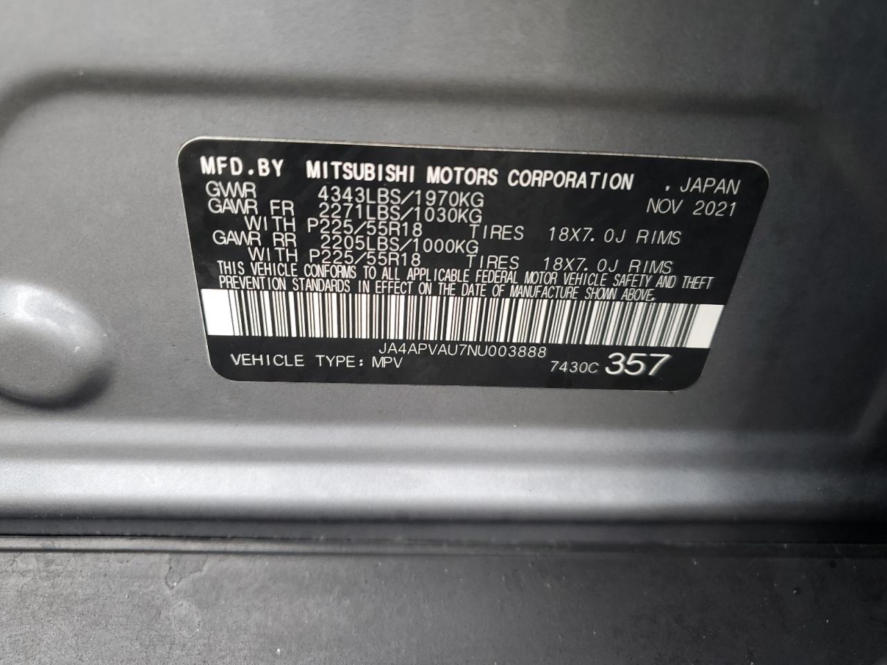 2022 MITSUBISHI OUTLANDER SPORT SE VIN:JA4APVAU7NU003888