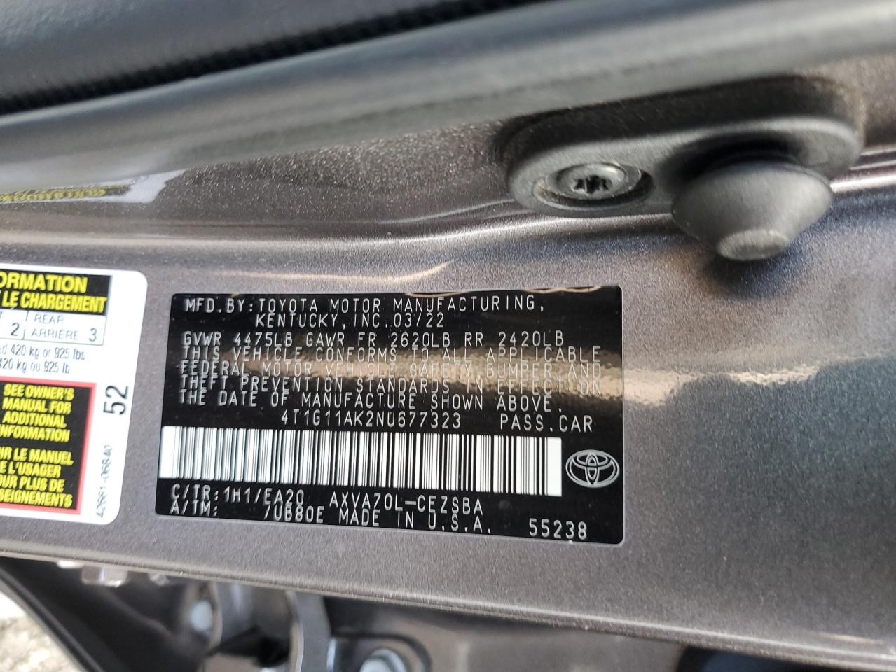 2022 TOYOTA CAMRY SE VIN:4T1G11AK2NU677323