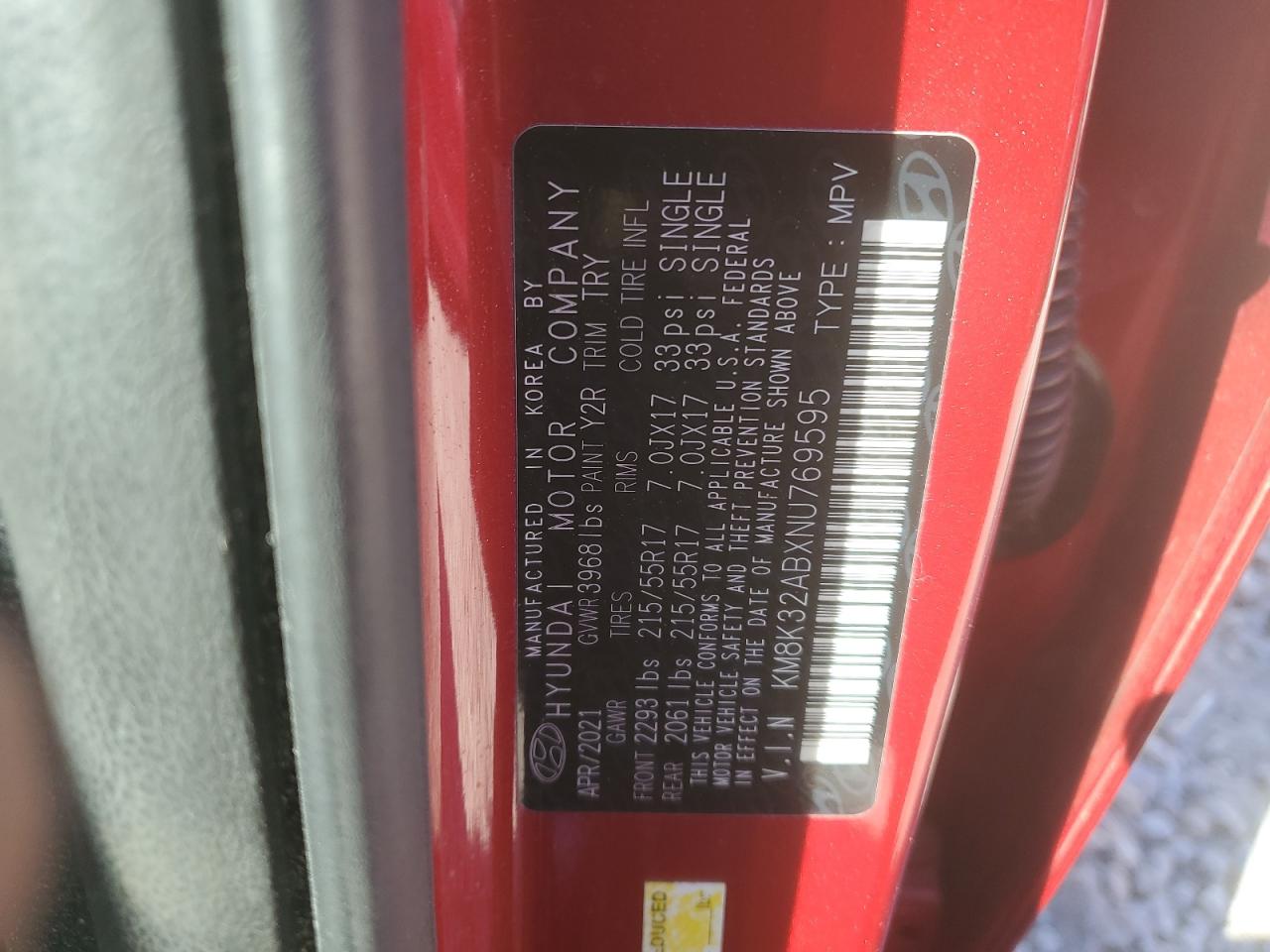 2022 HYUNDAI KONA SEL VIN:KM8K32ABXNU769595