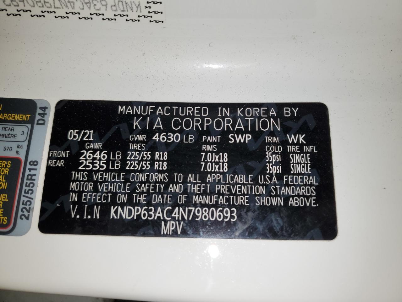 2022 KIA SPORTAGE S VIN:KNDP63AC4N7980693