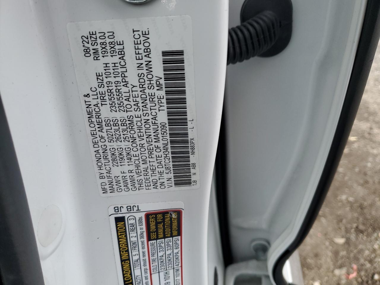 2022 ACURA RDX VIN:5J8TC2H34NL015090