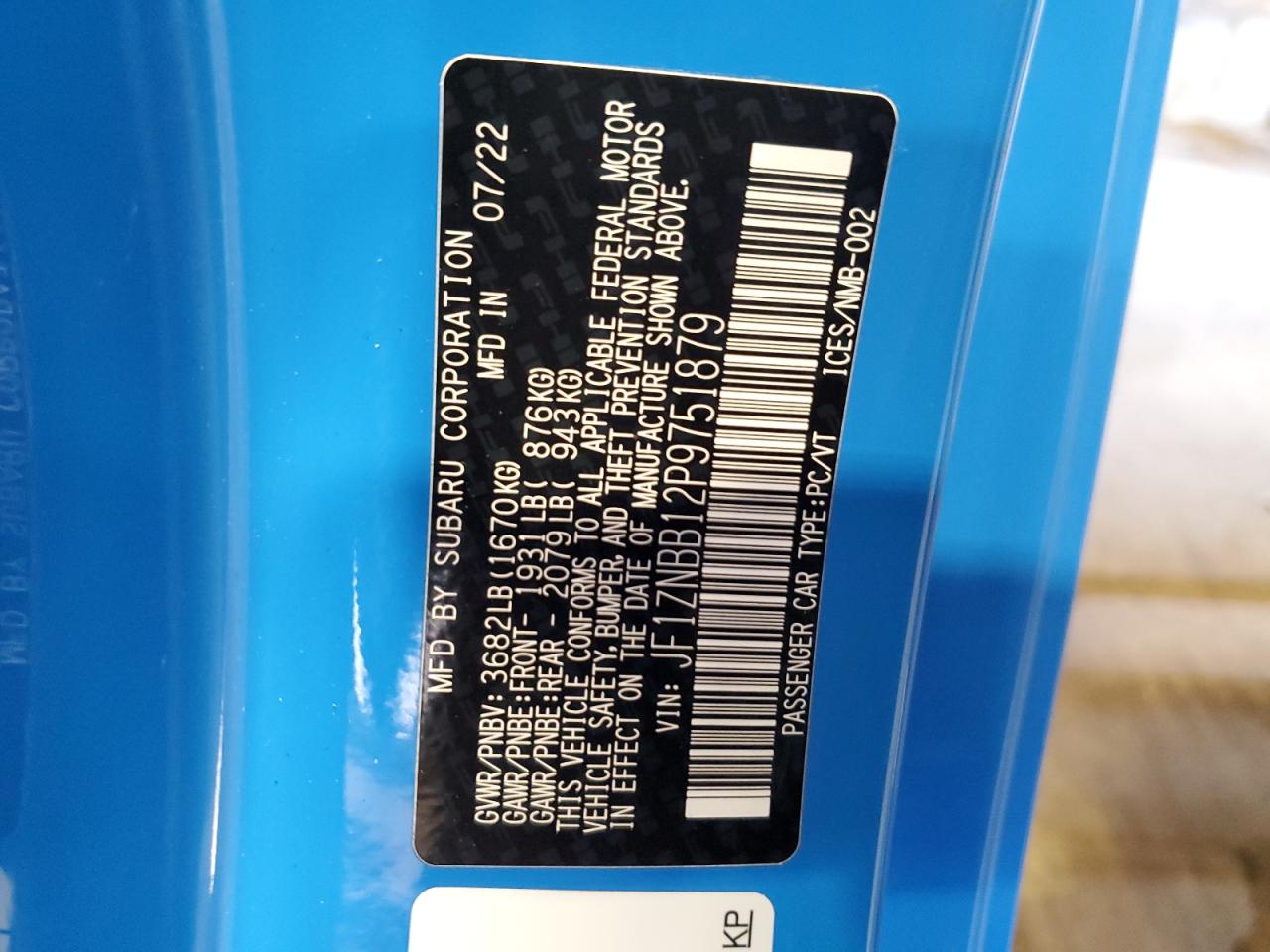 2023 TOYOTA GR 86 VIN:JF1ZNBB12P9751879