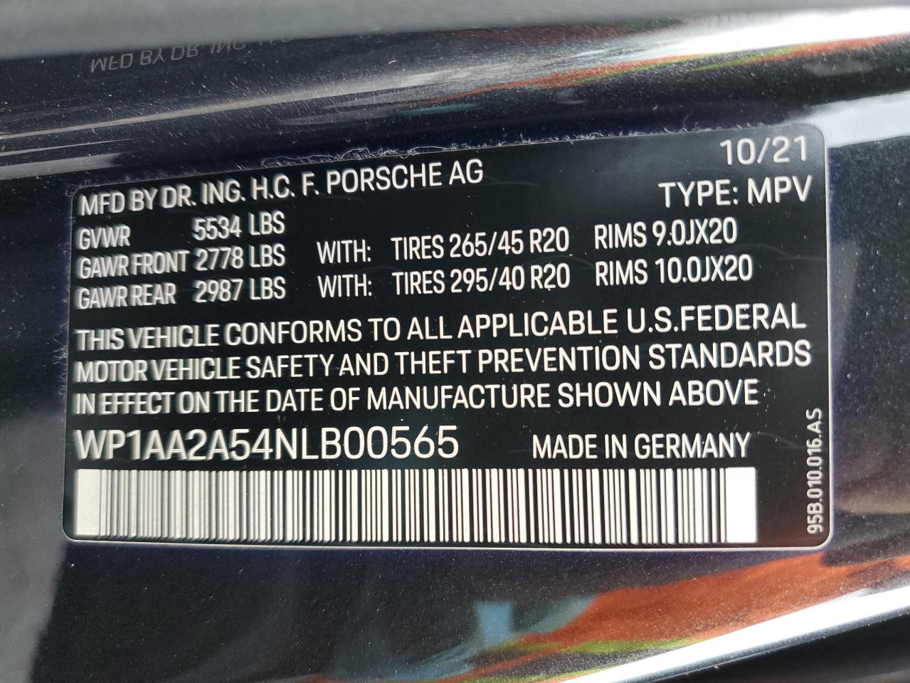 2022 PORSCHE MACAN VIN:WP1AA2A54NLB00565