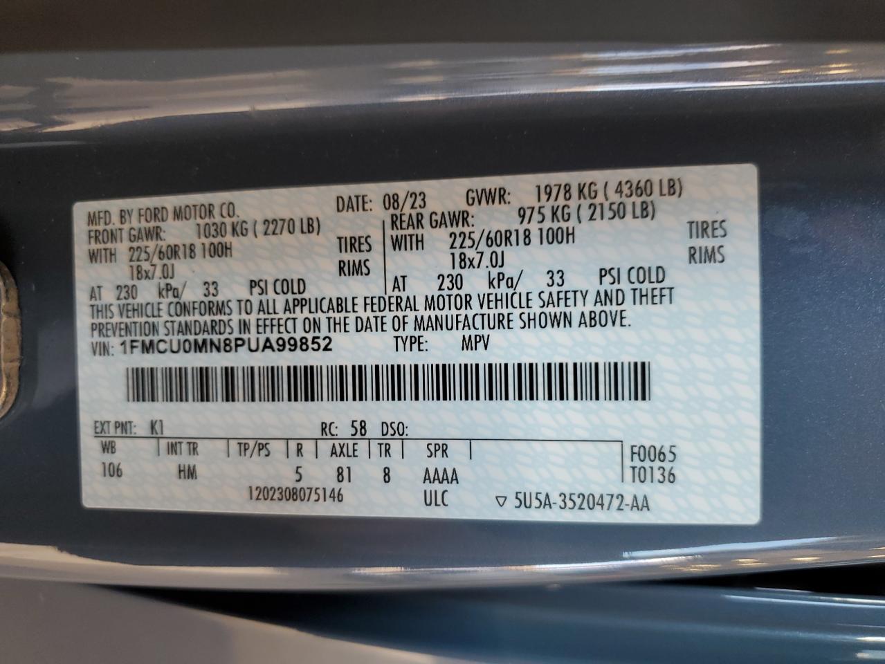 2023 FORD ESCAPE ST LINE VIN:1FMCU0MN8PUA99852