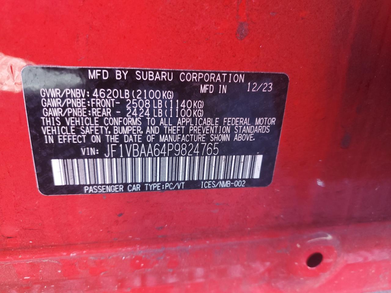 2023 SUBARU WRX VIN:JF1VBAA64P9824765