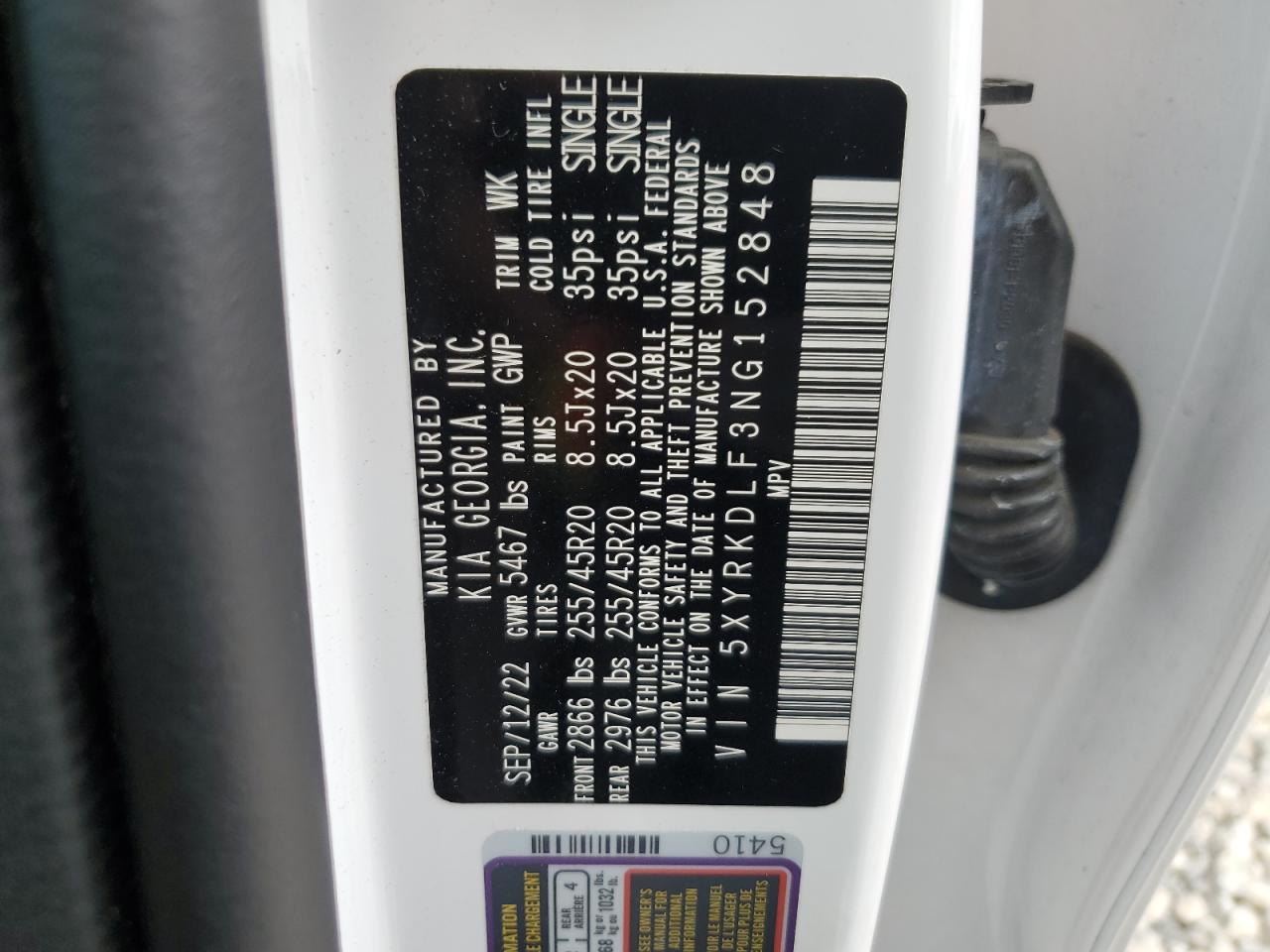 2022 KIA SORENTO SX VIN:5XYRKDLF3NG152848