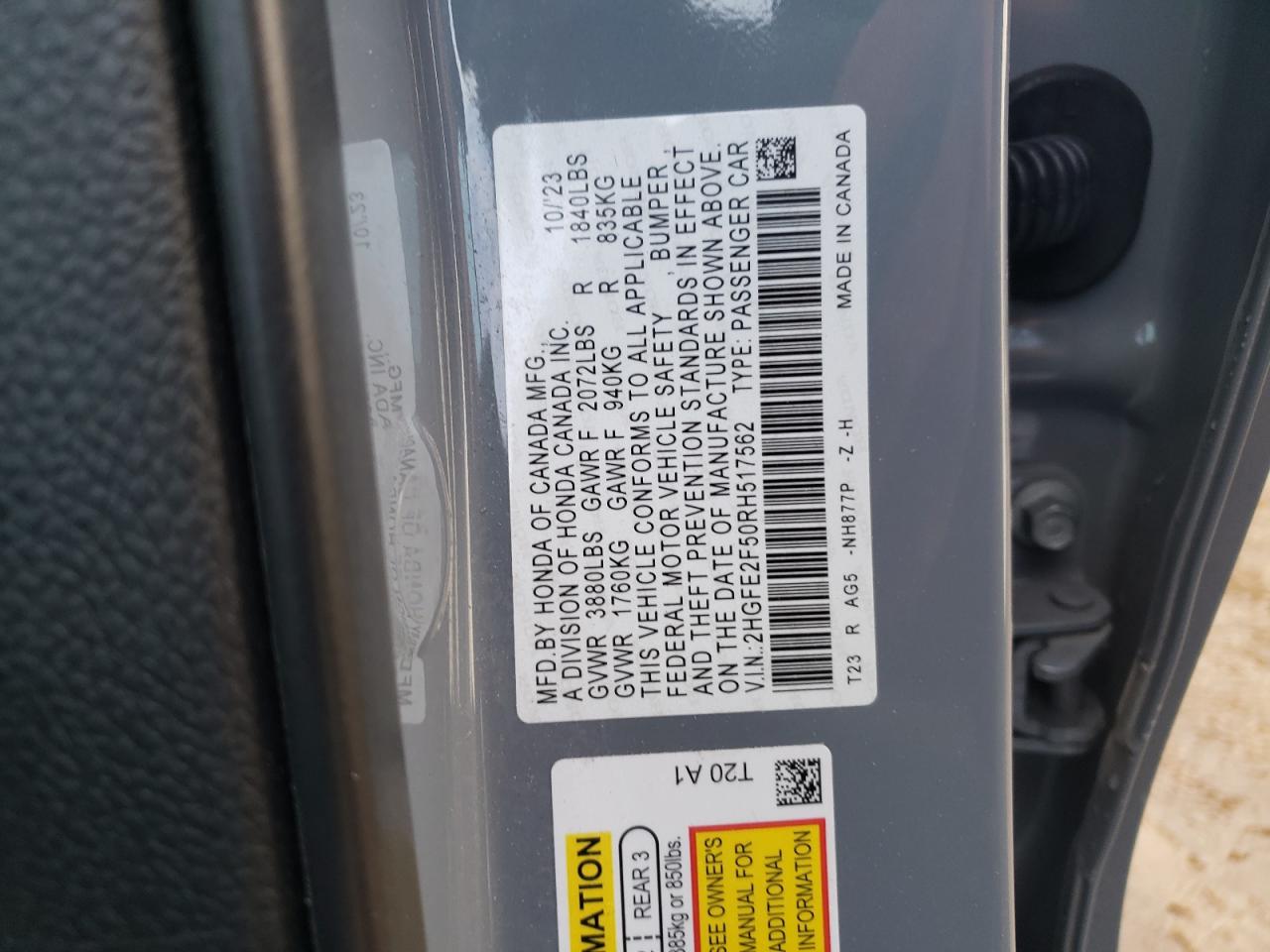 2024 HONDA CIVIC SPORT VIN:2HGFE2F50RH517562