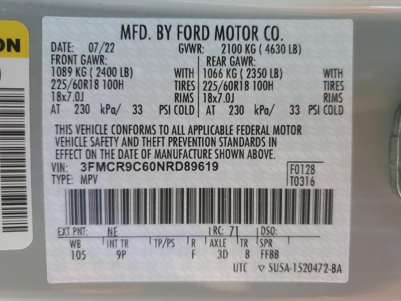 2022 FORD BRONCO SPORT OUTER BANKS VIN:3FMCR9C60NRD89619