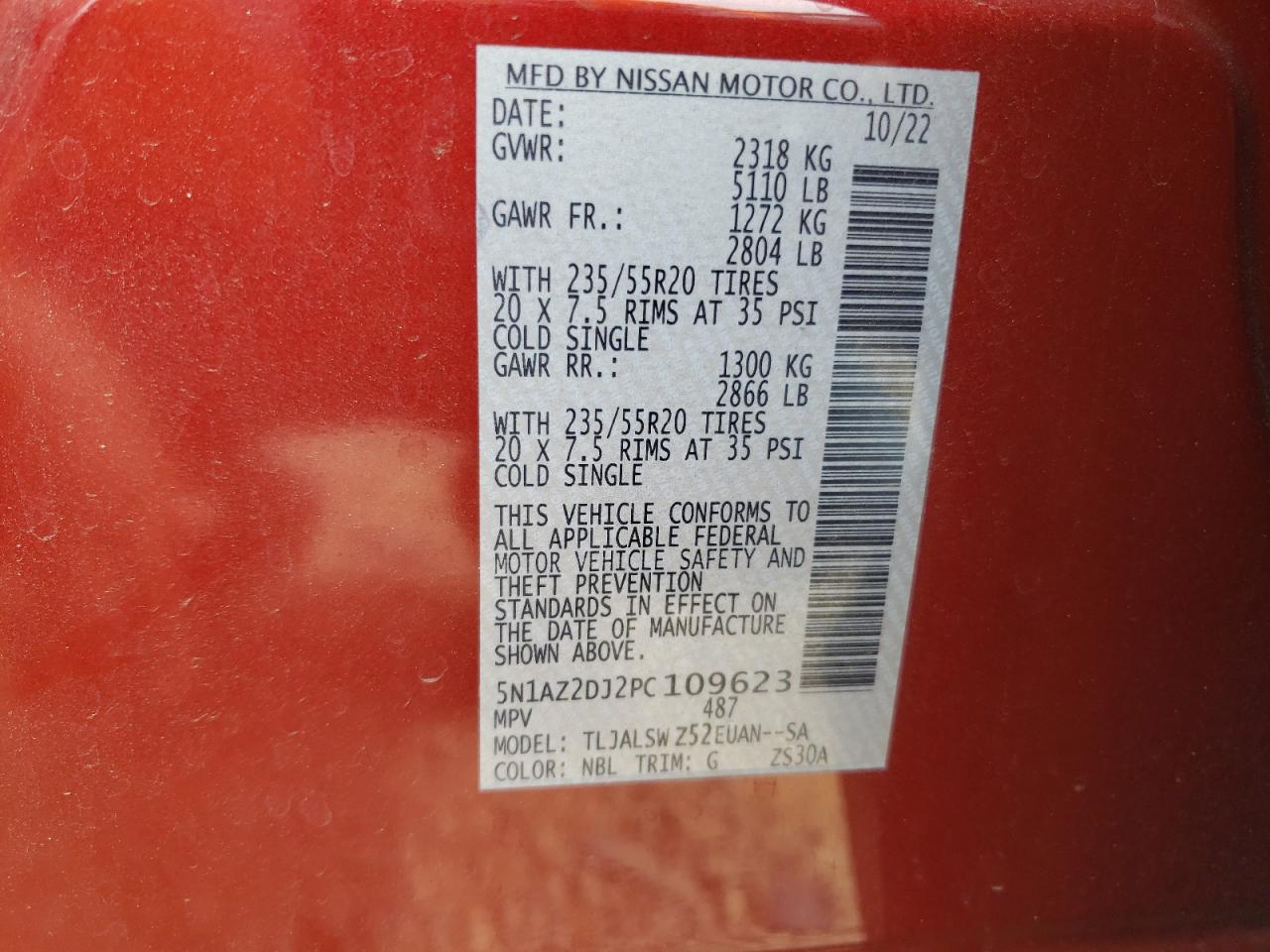 2023 NISSAN MURANO PLATINUM VIN:5N1AZ2DJ2PC109623