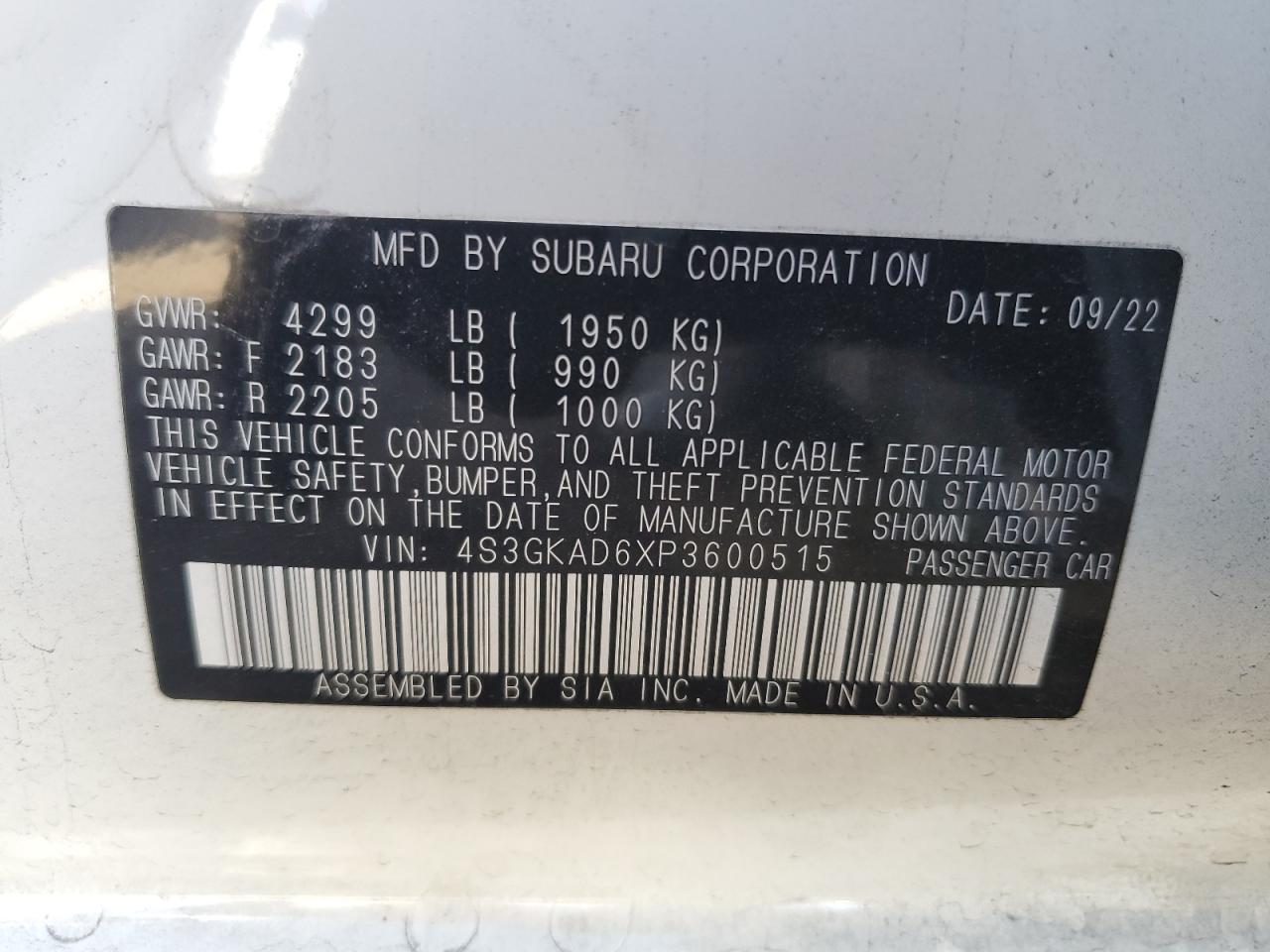 2023 SUBARU IMPREZA PREMIUM VIN:4S3GKAD6XP3600515