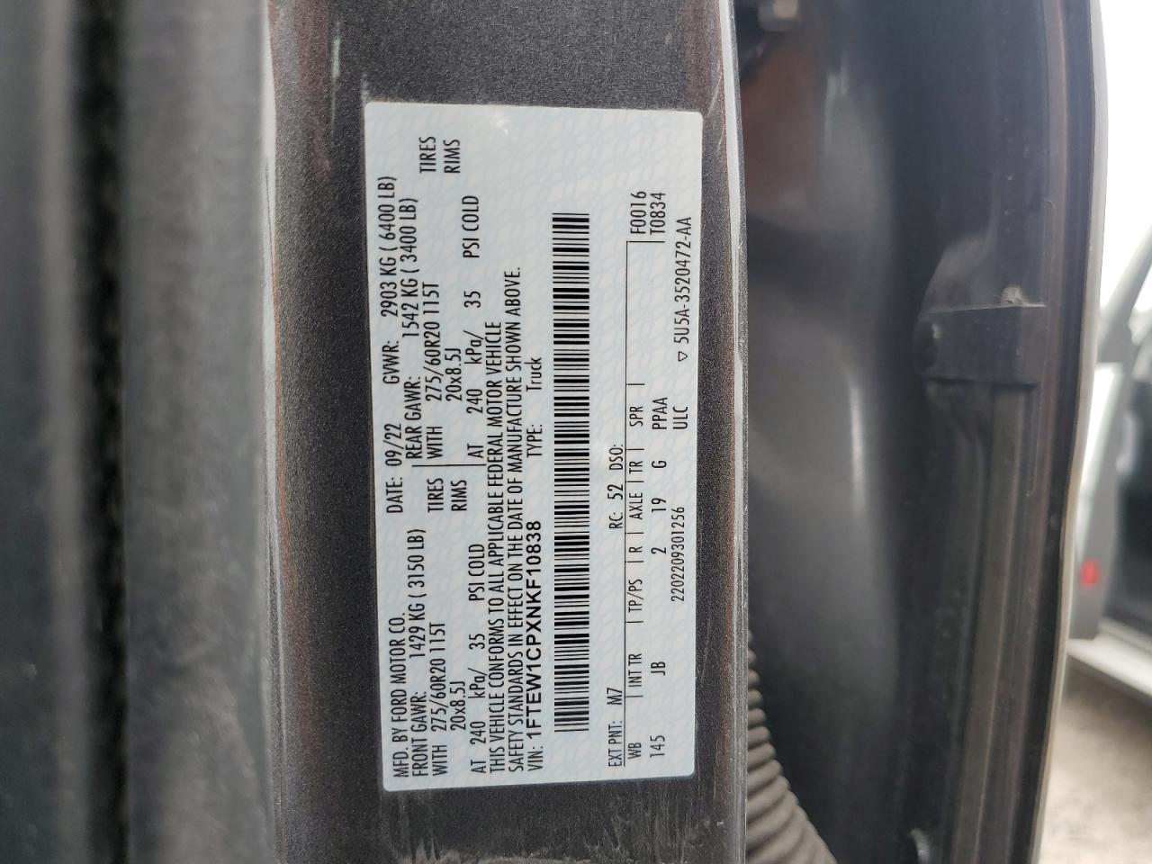 2022 FORD F150 SUPERCREW VIN:1FTEW1CPXNKF10838