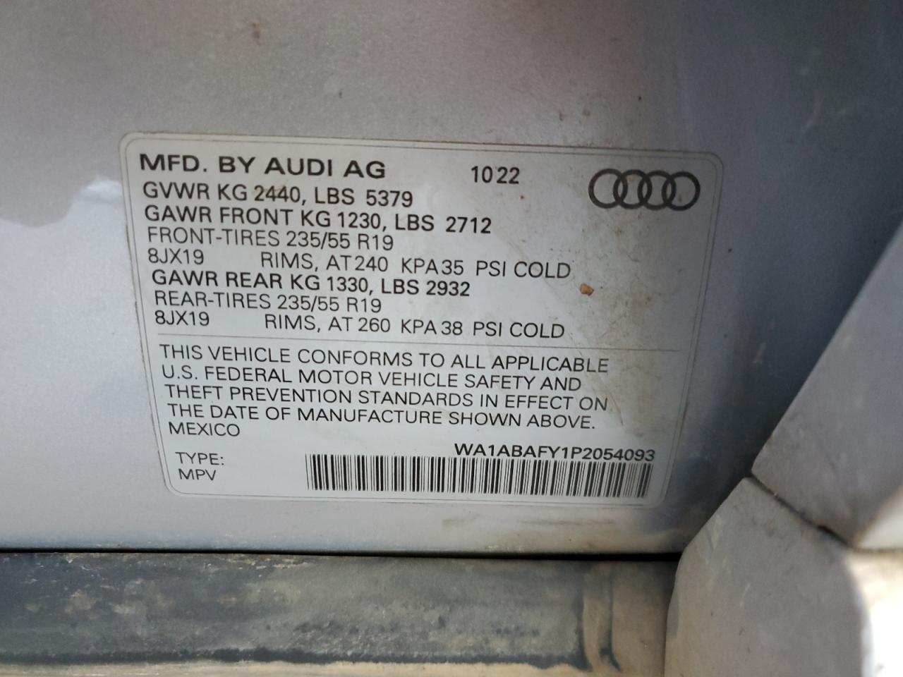 2023 AUDI Q5 PREMIUM 40 VIN:WA1ABAFY1P2054093