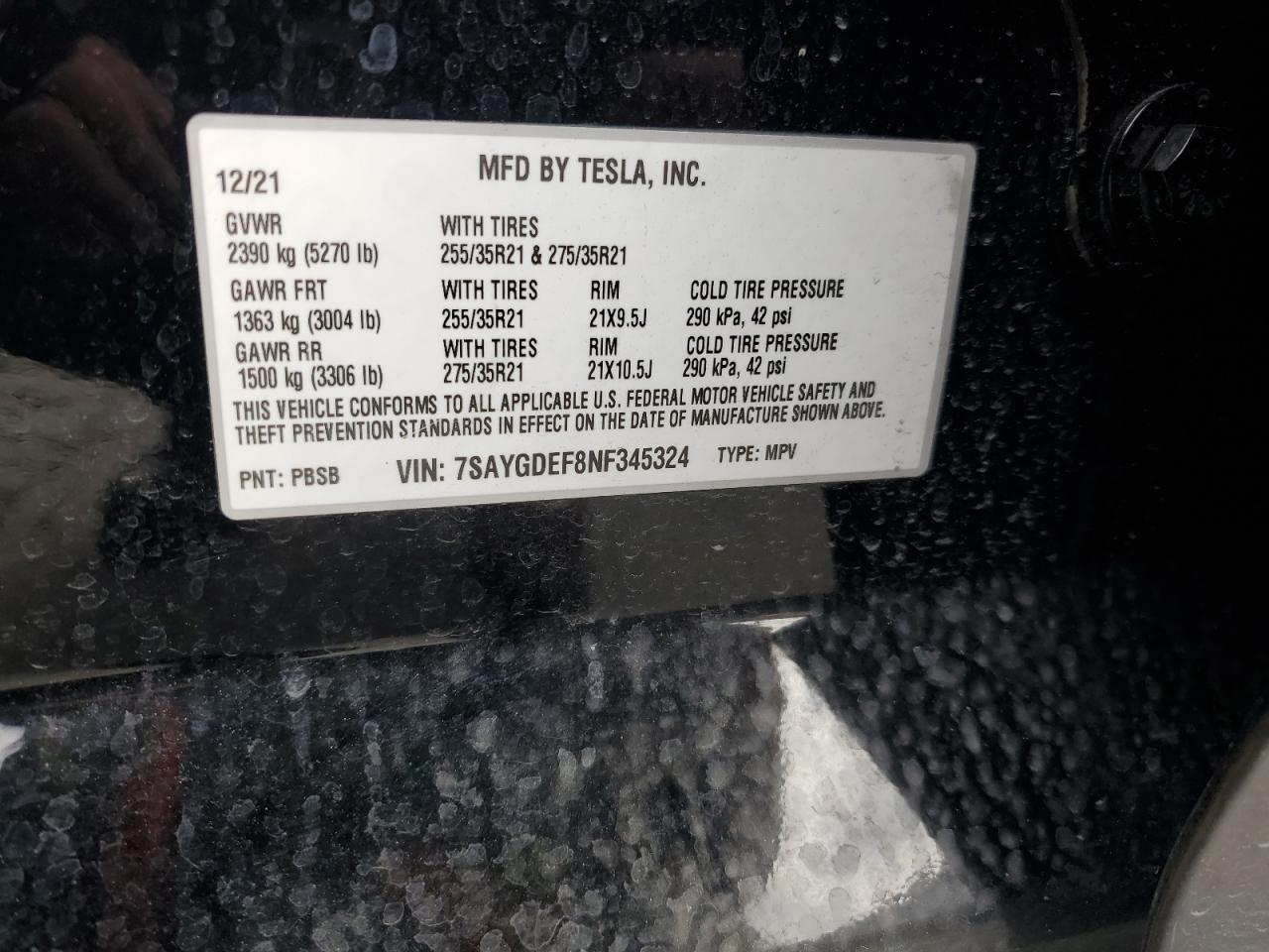 2022 TESLA MODEL Y VIN:7SAYGDEF8NF345324