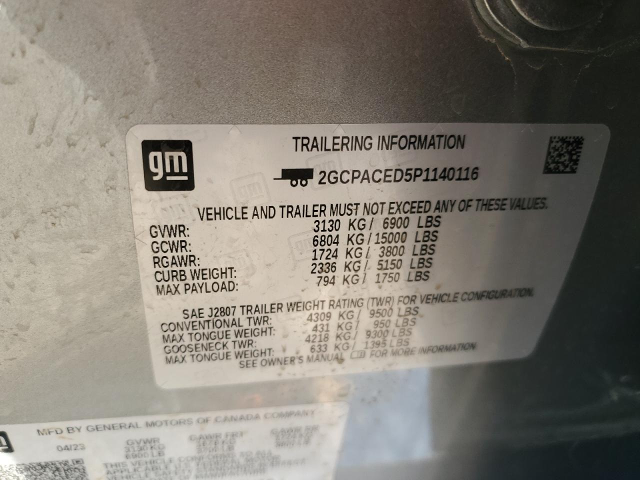 2023 CHEVROLET SILVERADO C1500 LT VIN:2GCPACED5P1140116