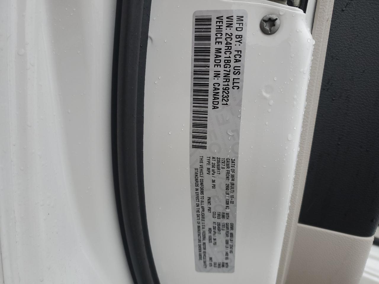 2022 CHRYSLER PACIFICA TOURING L VIN:2C4RC1BG7NR192321