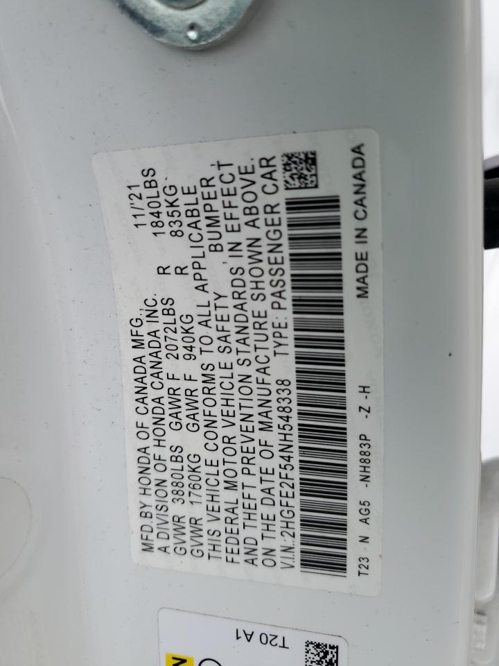 2022 HONDA CIVIC SPORT VIN:2HGFE2F54NH548338