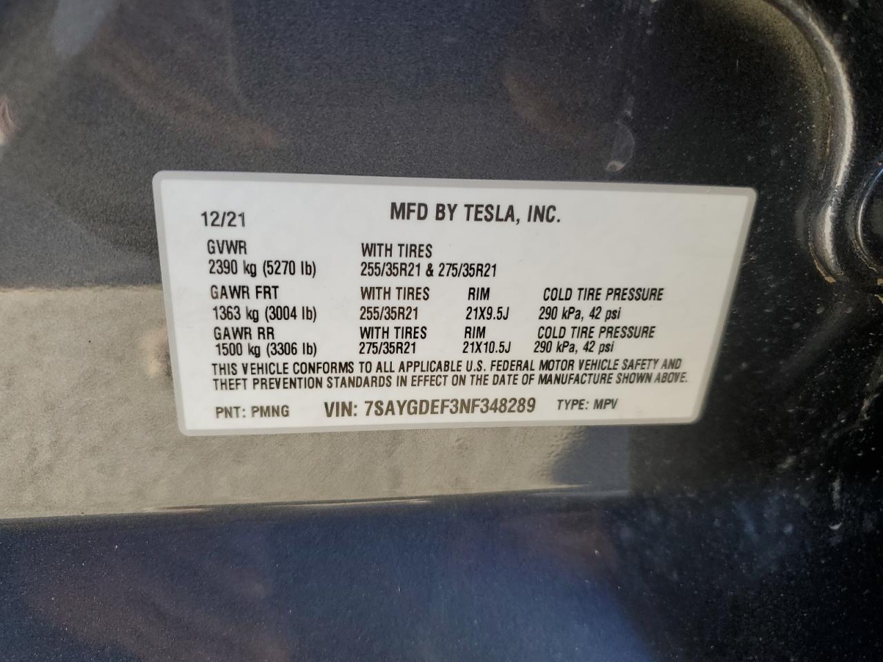 2022 TESLA MODEL Y VIN:7SAYGDEF3NF348289