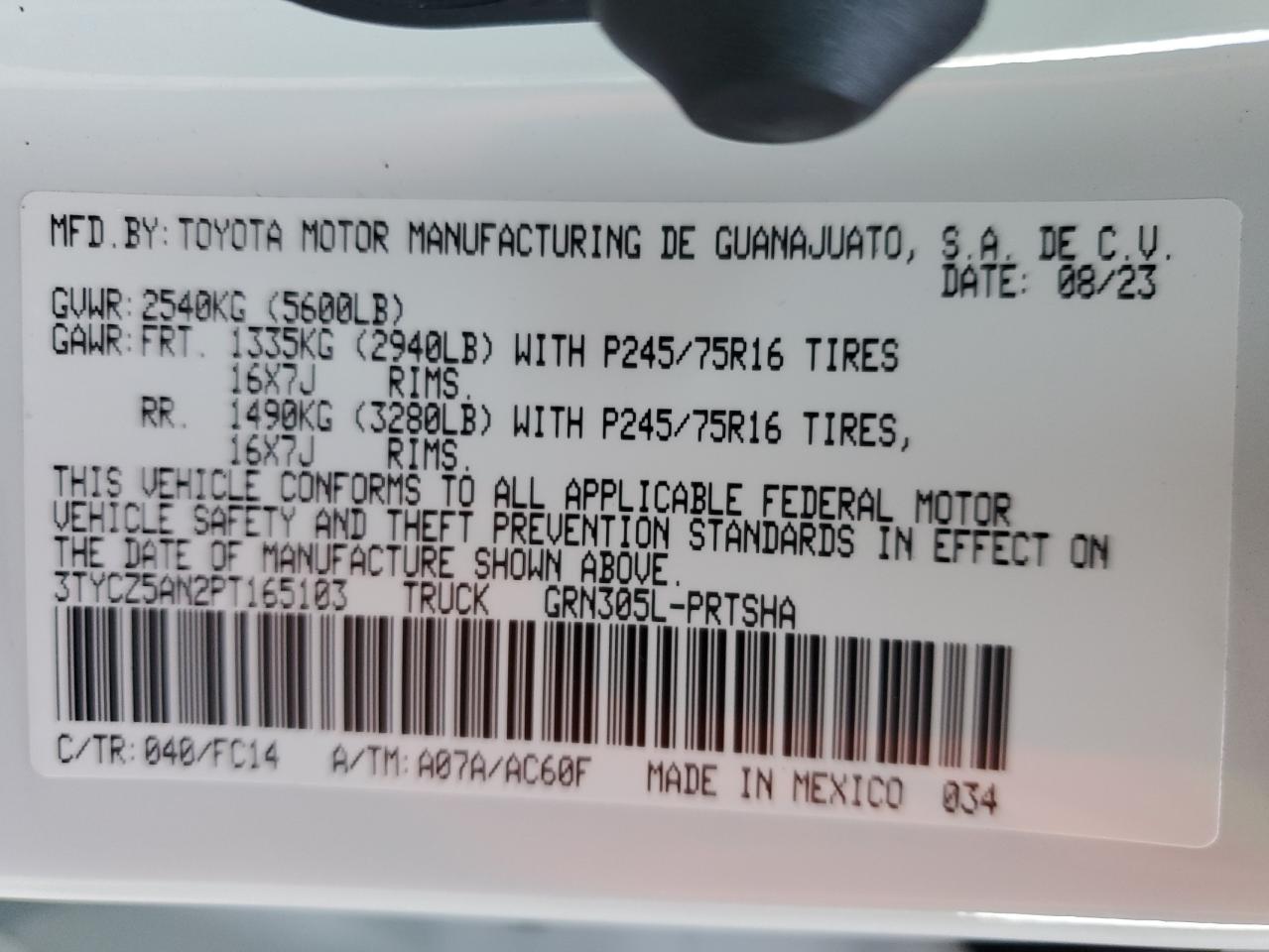 2023 TOYOTA TACOMA DOUBLE CAB VIN:3TYCZ5AN2PT165103