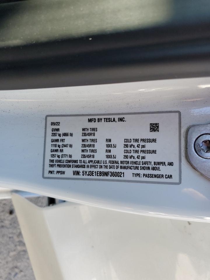 2022 TESLA MODEL 3 VIN:5YJ3E1EB9NF360021