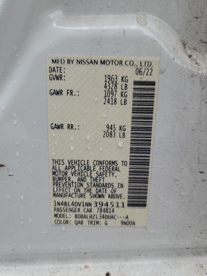 2022 NISSAN ALTIMA SV VIN:1N4BL4DV1NN394511