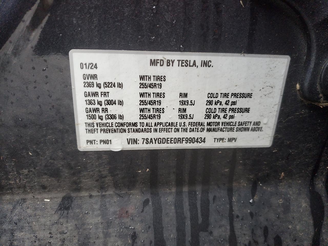 2024 TESLA MODEL Y VIN:7SAYGDEE0RF990434