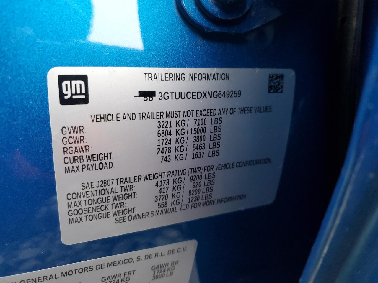 2022 GMC SIERRA K1500 ELEVATION VIN:1FMCU9J95JUA67279
