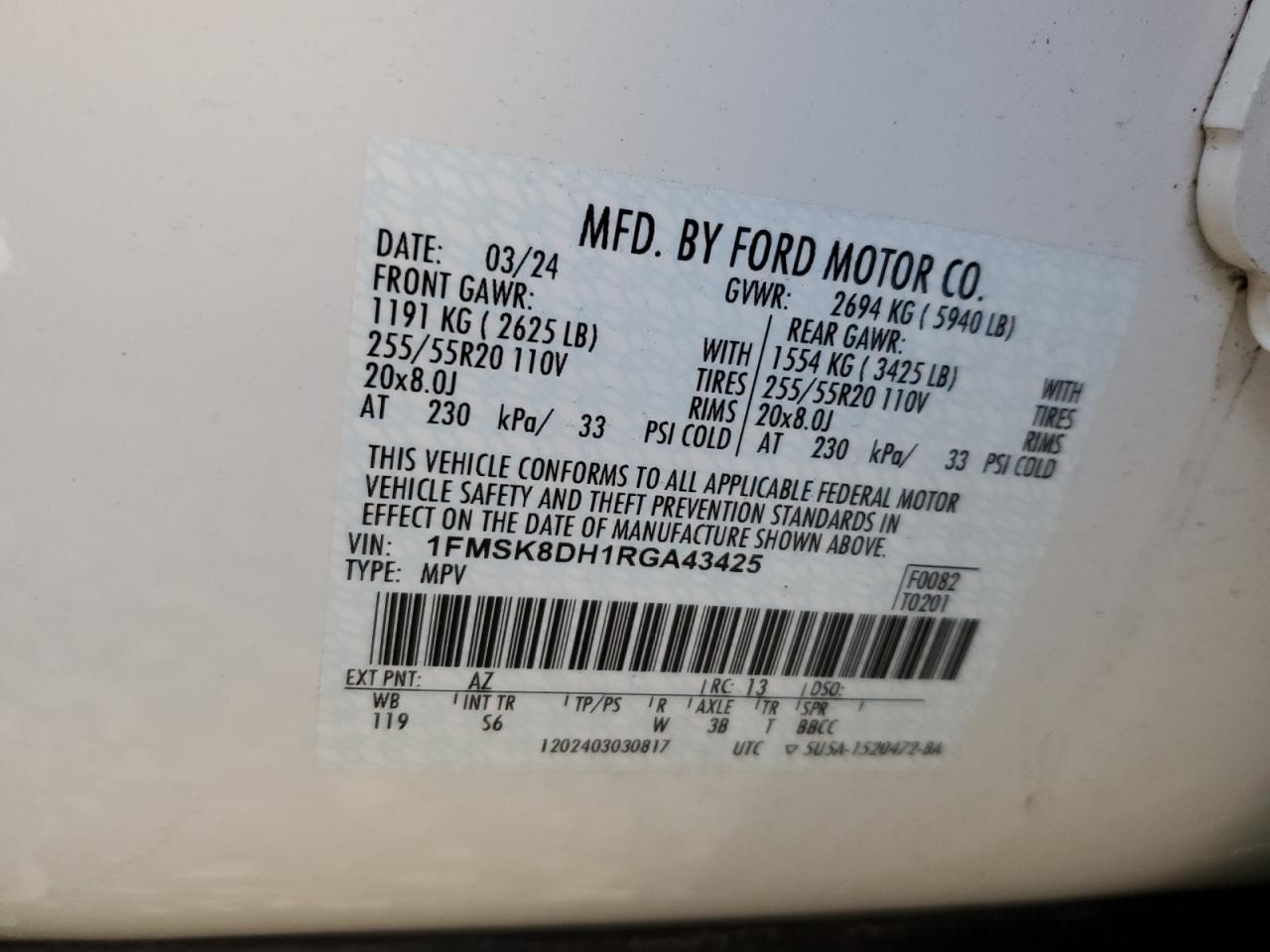 2024 FORD EXPLORER XLT VIN:1FMSK8DH1RGA43425
