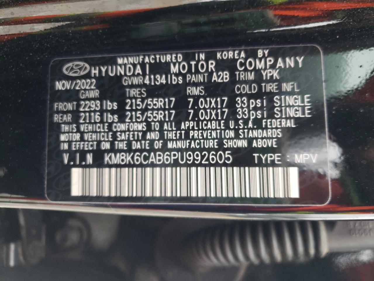 2023 HYUNDAI KONA SEL VIN:KM8K6CAB6PU992605