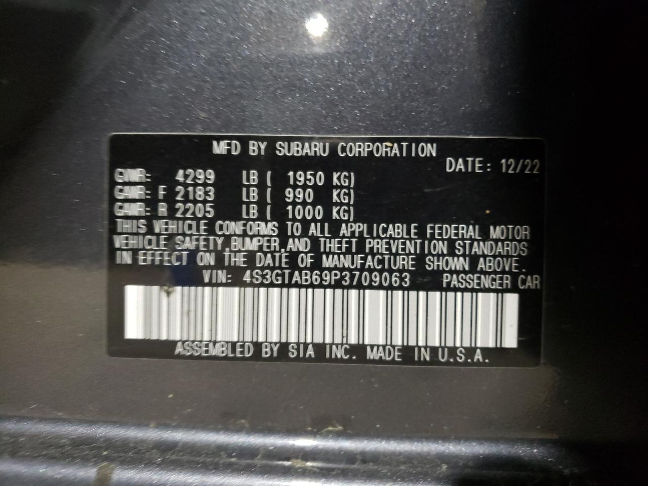 2023 SUBARU IMPREZA VIN:4S3GTAB69P3709063