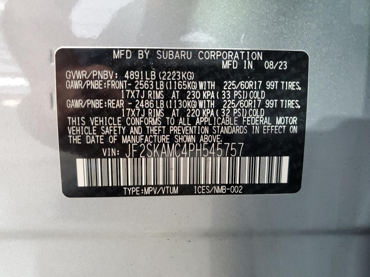 2023 SUBARU FORESTER WILDERNESS VIN:JF2SKAMC4PH545757