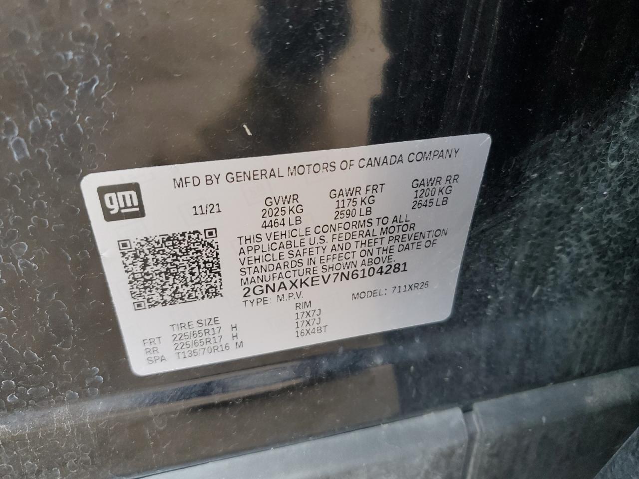 2022 CHEVROLET EQUINOX LT VIN:2GNAXKEV7N6104281