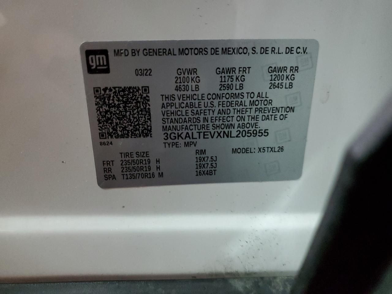 2022 GMC TERRAIN SLE VIN:3GKALTEVXNL205955