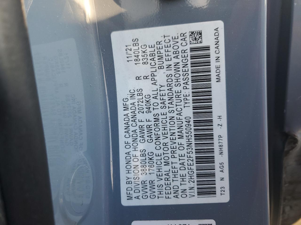 2022 HONDA CIVIC SPORT VIN:2HGFE2F53NH550940