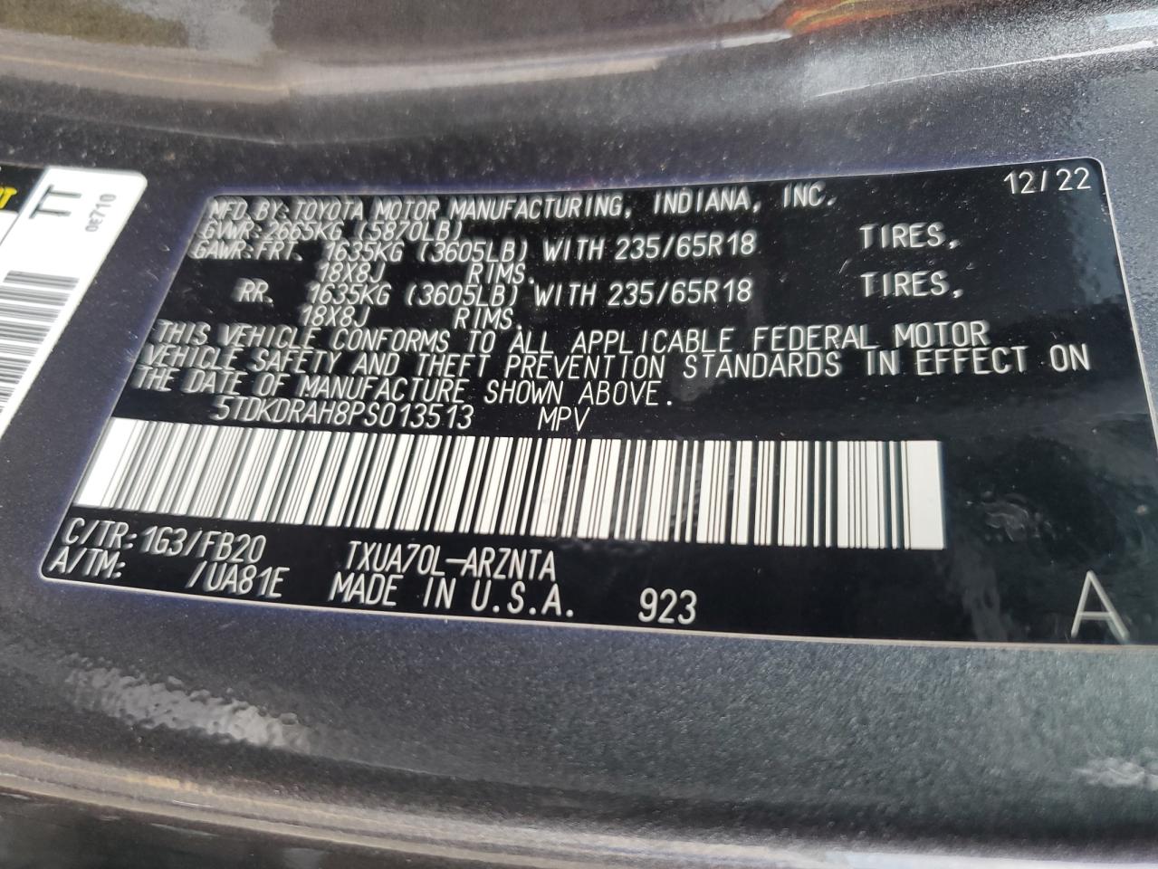 2023 TOYOTA HIGHLANDER L VIN:5TDKDRAH8PS013513