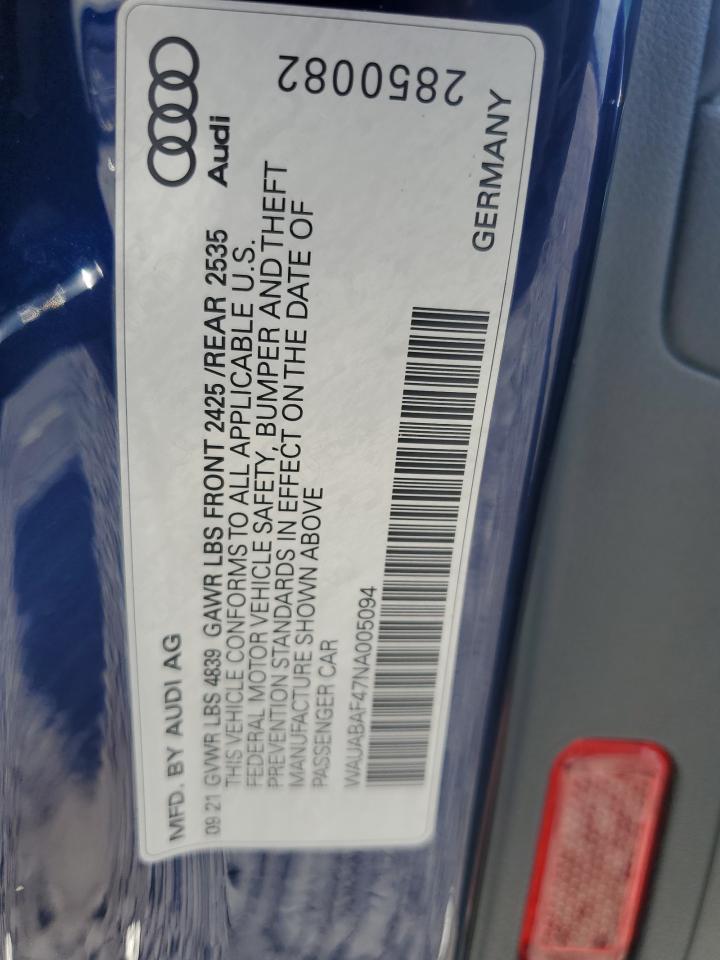 2022 AUDI A4 PREMIUM 40 VIN:WAUABAF47NA005094